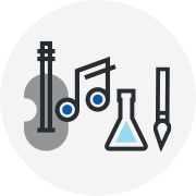 Illustration of a guitar, a musical note, a test tube and a brush Illustration of a guitar, a musical note, a test tube and a brush