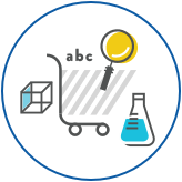 Test tube, cube and a magnifying glass icon