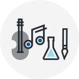 Illustration of a guitar, a test tube, a musical note and a brush Illustration of a guitar, a test tube, a musical note and a brush