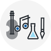 Illustration of a guitar, a musical note, a test tube and a brush Illustration of a guitar, a musical note, a test tube and a brush